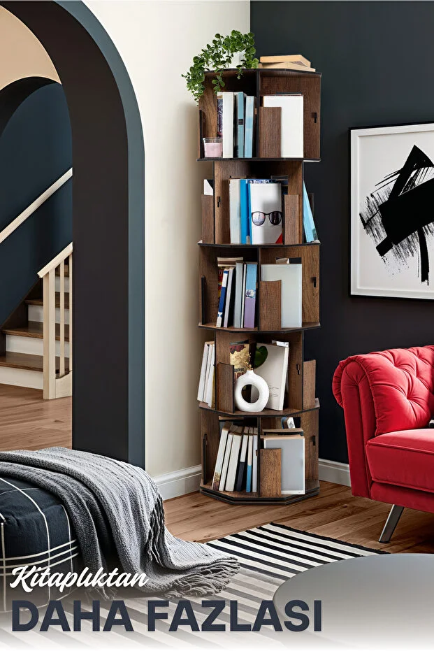 5 Katlı Döner Kitaplık | 360° Dönebilen, 100 Kitap Kapasiteli, Ceviz Renk